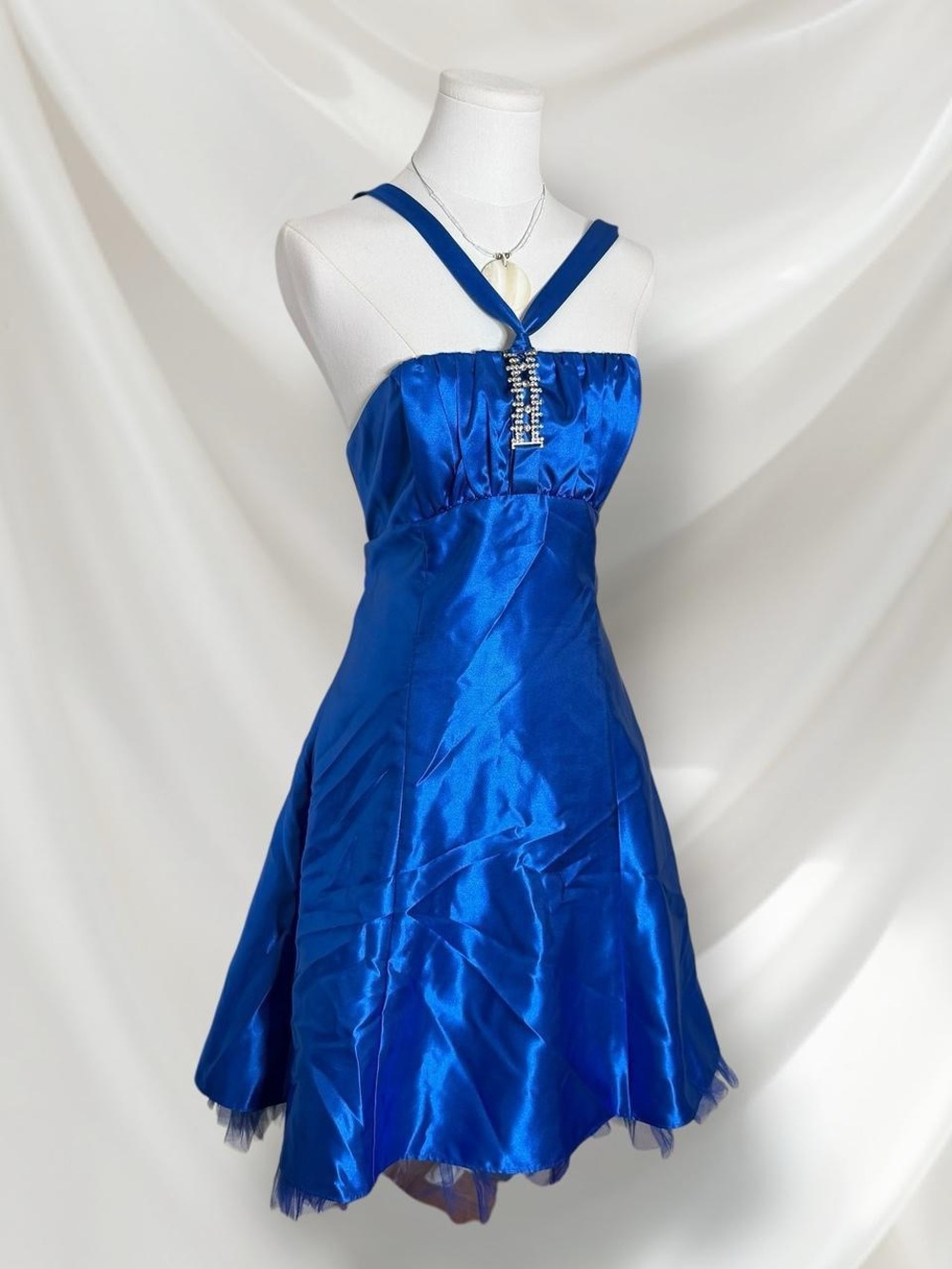 Royal Blue Satin Halter Fit-and-Flare Dress